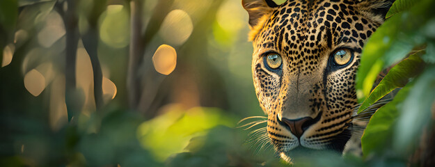 Leopard Gazing Intently Through the Jungle Underbrush. Spotted wildcat peering through dense foliage with sharp focus. Big cat's stare embodies the wild's untamed essence. - obrazy, fototapety, plakaty