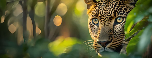 Fotobehang Leopard Gazing Intently Through the Jungle Underbrush. Spotted wildcat peering through dense foliage with sharp focus. Big cat's stare embodies the wild's untamed essence. © Igor Tichonow