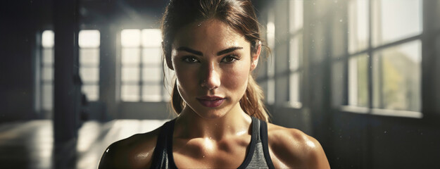 A determined athlete focuses intently post-workout, sweat glistening. Her expression of resilience and strength echoes in the gym's ambient light, symbolizing dedication and power.