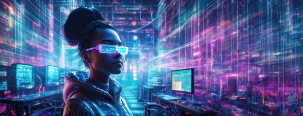 Cyberpunk Woman with Holographic Glasses in a Data Center. Futuristic female with neon eyewear standing amidst servers and digital panels. Panorama with copy space.