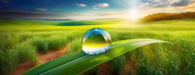 Dewdrop poised on a blade of grass, reflecting sunrise. A single droplet mirrors the new day's...