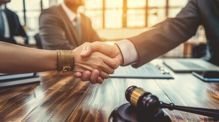 Closeup of a Businesswomen and lawyer shaking hands after successful agreement in work place, blur background. - obrazy, fototapety, plakaty