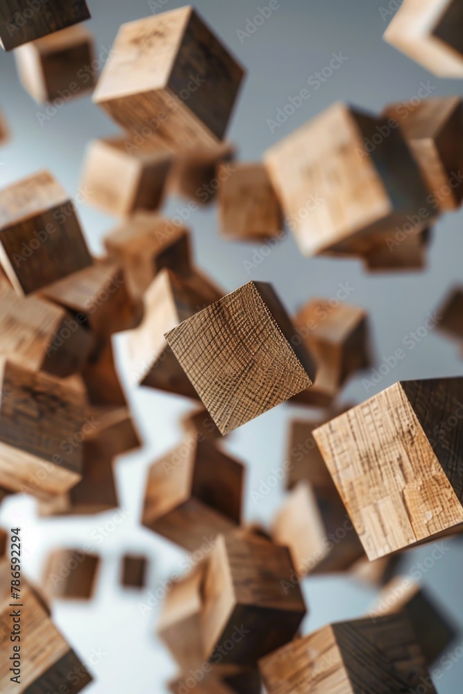 Aufkleber wooden cubes floating in mid-air, suitable for abstract concepts or design projects