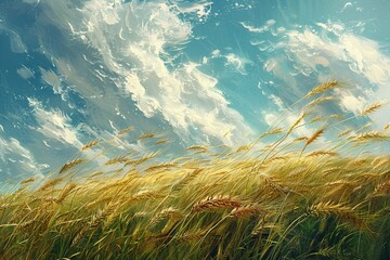 Fototapeta na wymiar Witness the mesmerizing sight of a wheat crop swaying vigorously in a strong wind, capturing the intricate details of the wheat moving in the breeze