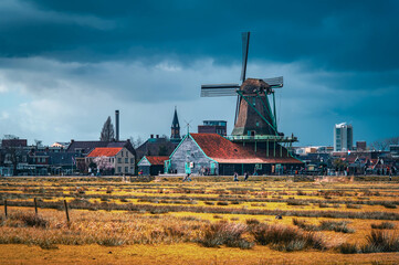 Windmills in "Houtzaagmolen de Gekroonde Poelenburg" Zaanse. Netherlands.