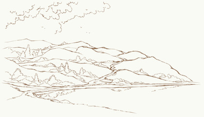 Vector image. Summer landscape with a river flowing among the hills