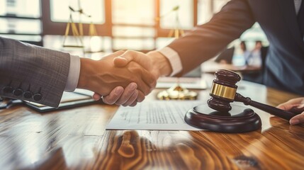 Closeup of a Lawyer and client shaking hands after successful agreement in work place, blur background. - obrazy, fototapety, plakaty