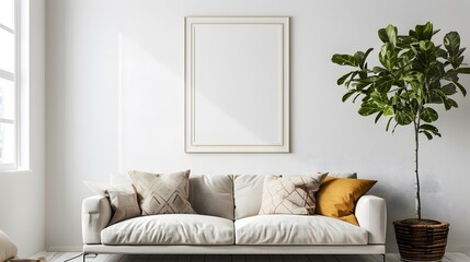 Empty vertical picture frame mockup on white wall  in empty living room with linen sofa.