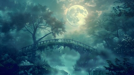 Fantasy magical enchanted fairy tale forest landscape. mystical forest with a bridge and a full moon. dreamy fairy landscape, magic fairyland