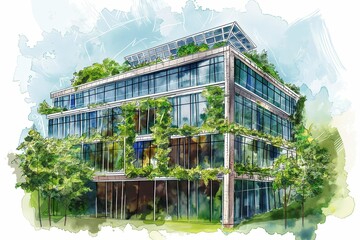 Modern office building surrounded by lush greenery, featuring extensive use of glass and green walls