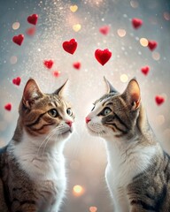 Two cats in love looking at each other against the backdrop of falling red hearts. Greeting cards for Valentine's Day, anniversary, anniversary, birthday.