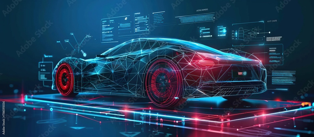 Aufkleber Hologram auto in low poly style. Futuristic auto service station with 3D smart car and HUD interface.