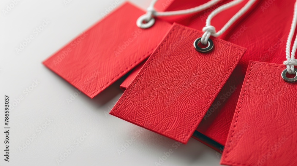 Poster Three red tags hanging from a string on a white surface. Suitable for product labeling and inventory management