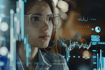 Young woman with glasses looking at futuristic digital graphs and data projections