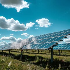 Renewable Energy Source: Solar Panels in Field Against Blue Sky