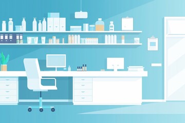 Bright and clean pharmacy interior with medication on shelf, desk, computer and chair