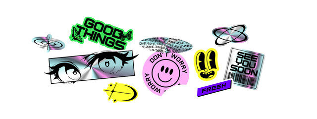 Trendy holographic Y2K sticker illustration set. Retro 2000s text quote label collection. Iridescent metallic texture tag with love heart, anime cartoon and party message. Gen z cyber style bundle.	
