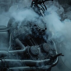 Sizzling Ride: Smoke Surrounding Motorbike Engine