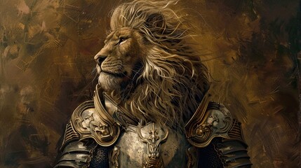 Lion in knight costume, cavalier, medieval theme, mane. Mascot, wild animal, surrealism, close-up, big cat, costume photo shoot for pet. Presenting pride and greatness concept. Generative by AI - obrazy, fototapety, plakaty