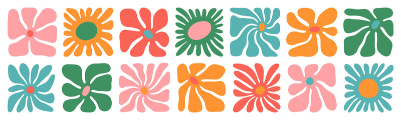 Colorful retro flower illustration set. Vintage style hippie floral clipart element design collection. Hand drawn nature collage, spring season drawing bundle with daisy flowers.   © Dedraw Studio
