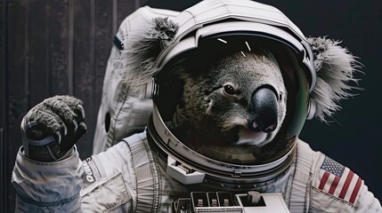 Koala in an astronaut costume. Mascot, wild animal, surrealism, realistic style, close-up, NASA, costume photo shoot for pet. Concept of a wild animal in human clothing. Generative by AI - obrazy, fototapety, plakaty