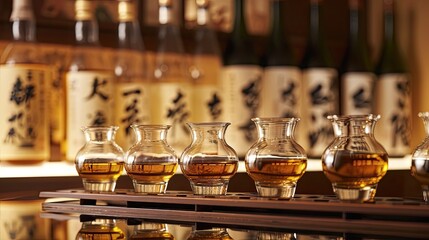 Fototapeta premium Japanese whiskey with selection of single malts and blends. Alcohol, glass, tasting, sommelier, bar, club, quality drink. People enjoy aromatic drinks and company of friends concept. Generative by AI