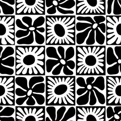 Black and white floral seamless pattern illustration. Vintage style hippie flower background design. Geometric checkered wallpaper print, spring season nature backdrop texture with daisy flowers.	
 - obrazy, fototapety, plakaty