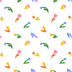 Fototapeta premium Colorful flower seamless pattern illustration. Children style floral doodle background, funny basic nature shapes wallpaper. 