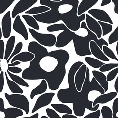 Abstract black and white flower art seamless pattern. Trendy contemporary floral nature shape background illustration. Natural organic plant leaves artwork wallpaper print. Vintage spring texture.	 - obrazy, fototapety, plakaty