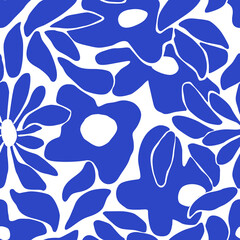 Abstract blue flower art seamless pattern. Trendy contemporary floral nature shape background illustration. Natural organic plant leaves artwork wallpaper print. Vintage spring texture.	
