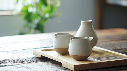Set of Japanese sake with traditional ceramic cups and bamboo cane. Alcohol, glass, bar, club,...