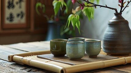 Set of Japanese sake with traditional ceramic cups and bamboo cane. Alcohol, glass, bar, club, quality drink, cocktail. People enjoy aromatic drinks and company of friends concept. Generative by AI