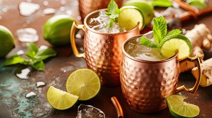 Ice-cold Moscow mule cocktail served in copper mug with ging and lemon. Alcohol, glass, bar, club, quality drink, cocktail. People enjoy aromatic drinks, company of friends concept. Generative by AI