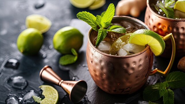 Ice-cold Moscow mule cocktail served in copper mug with ging and lemon. Alcohol, glass, bar, club, quality drink, cocktail. People enjoy aromatic drinks, company of friends concept. Generative by AI