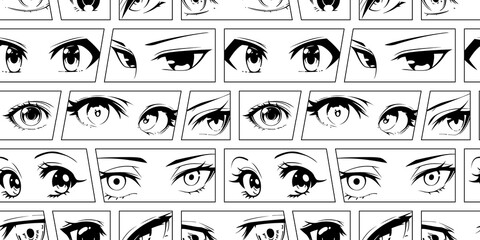 Japanese anime eye seamless pattern illustration. Black and white manga cartoon character background, animation art style print. Trendy Y2K eyes, facial expression graphic, diverse comic book people.	