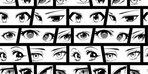 Japanese anime eye seamless pattern illustration. Black and white manga cartoon character background, animation art style print. Trendy Y2K eyes, facial expression graphic, diverse comic book people.	