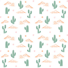 Hand drawn cactus plant doodle seamless pattern. Vintage style cartoon cacti houseplant background. Nature desert flora texture, mexican garden print. Natural interior graphic decoration wallpaper.	
