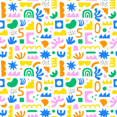 Abstract organic shape seamless pattern with colorful geometric doodles. Flat cartoon background, simple random shapes in bright childish colors.	
