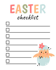 Easter checklist. Organizer and schedule with place for Notes. Planner template. Can use for Planner, Scrapbook, Sheets, notepad. Vector illustration.