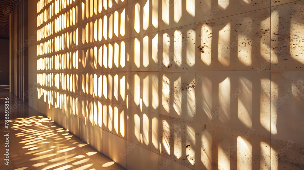 Poster warm sunlight filters through lattice, creating a pattern of shadows on a textured wall with subtle 