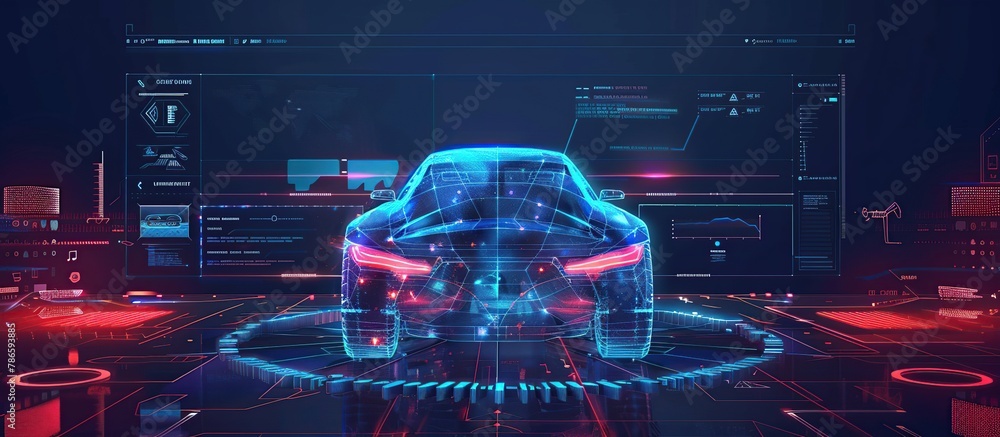 Poster futuristic car service, scanning, auto data analysis. hologram auto in low poly style, wire frame in