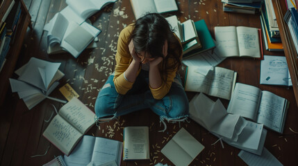 Young female College student frustrated and stressed out while studying.