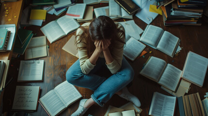 Young female College student frustrated and stressed out while studying.