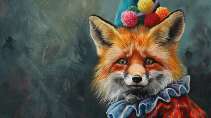 Fox dressed in clown costume, zoo mascot, close-up. The fox smiles, she likes the human costume. Wild creature juxtaposed with whimsy of clown costume. Generative by AI