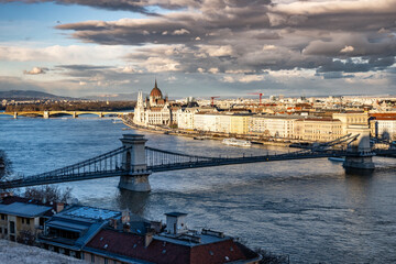 Wonderful view of the Budapest city waterfront beside Danube river, with famous Chain bridge...