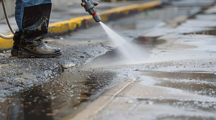 A person cleaning a dirty sidewalk with a high-pressure water sprayer, focusing on the effective removal of grime. - obrazy, fototapety, plakaty