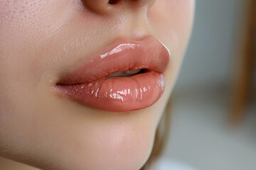 Plump glossy lips of woman with Hyaluronic acid beauty fillers - obrazy, fototapety, plakaty