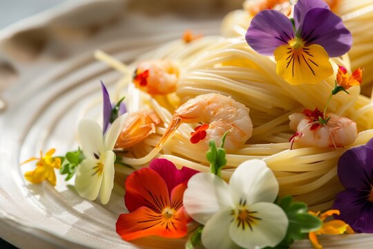 Eco-Friendly Culinary Art: Italian-Japanese Fusion Pasta with Seafood and Edible Flowers – Picture a delicate fusion of Italian and Japanese cuisine,.