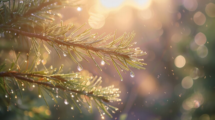 a spruce branch at sunrise with dew drops on its surface