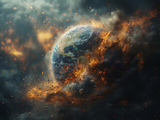 Environmental Protection, a three-dimensional globe engulfed in glowing cracks and embers - obrazy, fototapety, plakaty
